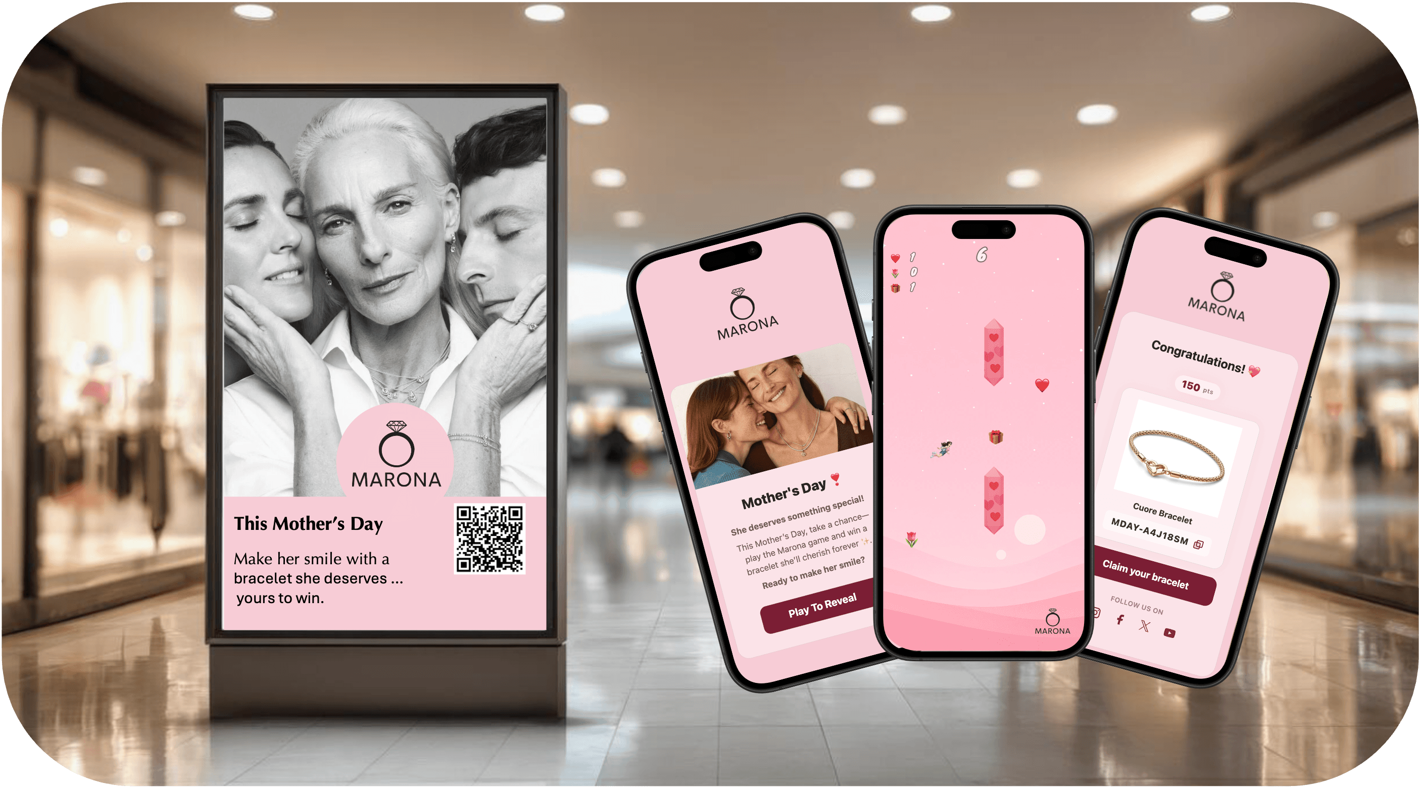 Campaign showcase — in-store display with QR code and mobile game screens
